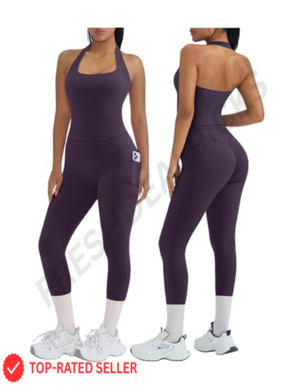 2 Piece Workout Set Halter Sports Bra Leggings Pockets